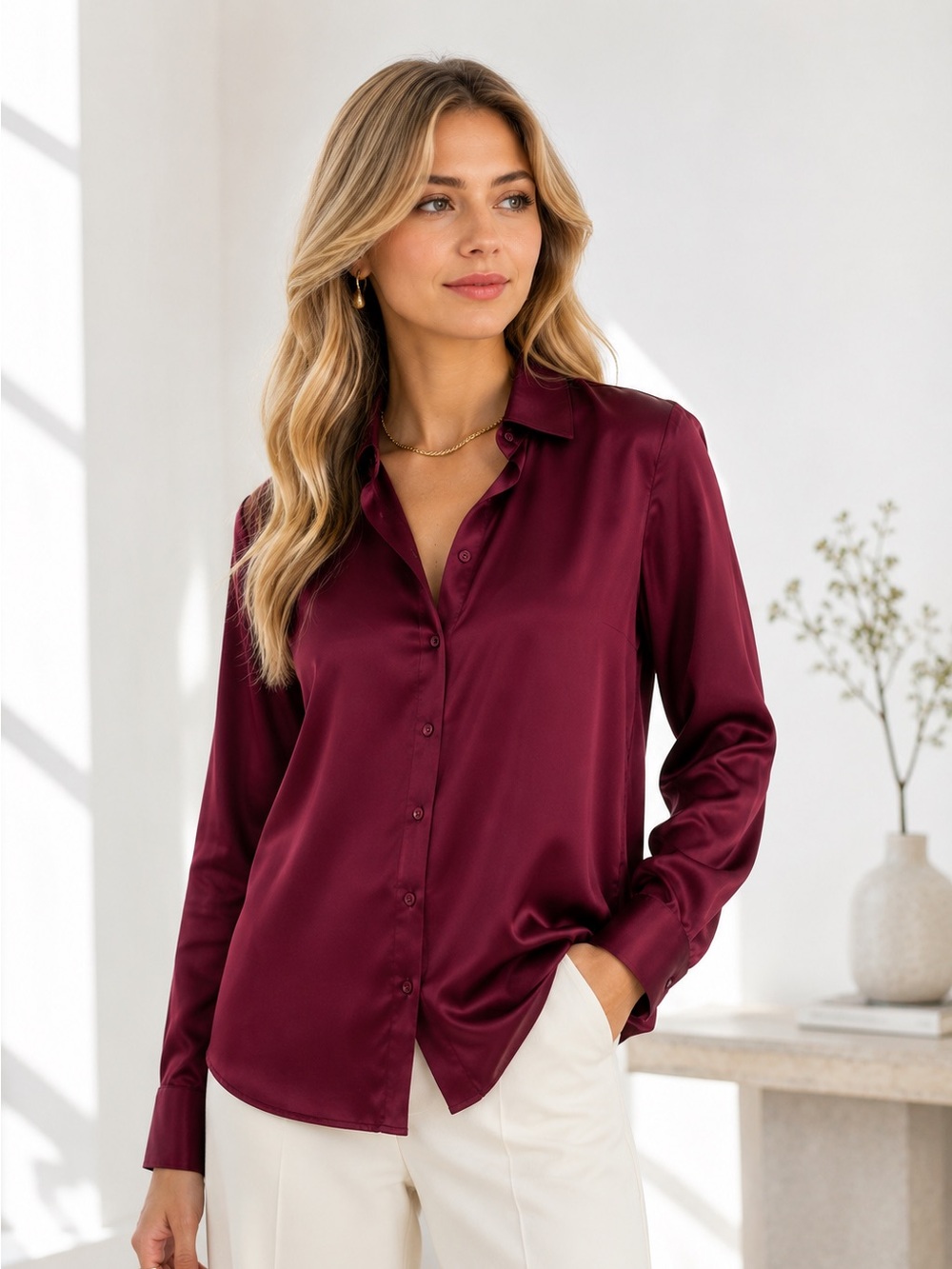 Ravella Monaco 100% Mulberry Silk Blouse Burgundy Red Sz Large Petite
